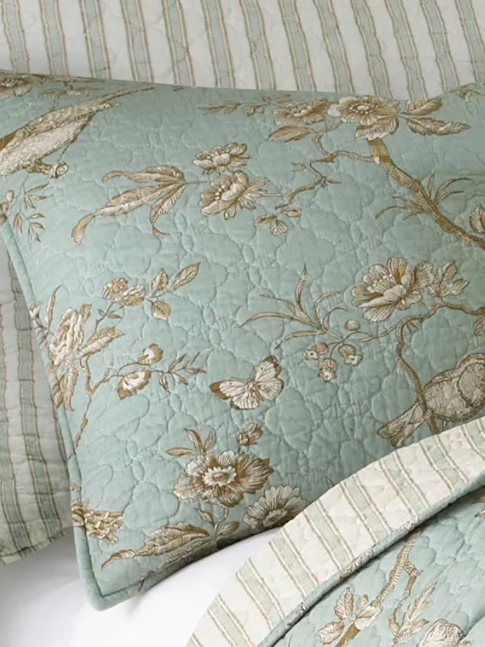 🆕 PB Style Reversible Quilt Set Brown Stripes Sage Floral Bird Toile Coverlet